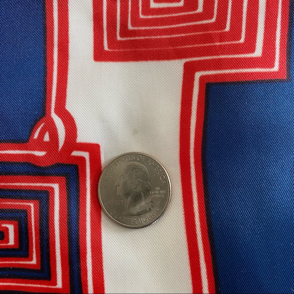 Vintage 70s Sillook Long Scarf Red White & Navy Blue Geometric 15" x 46" - Picture 12 of 15